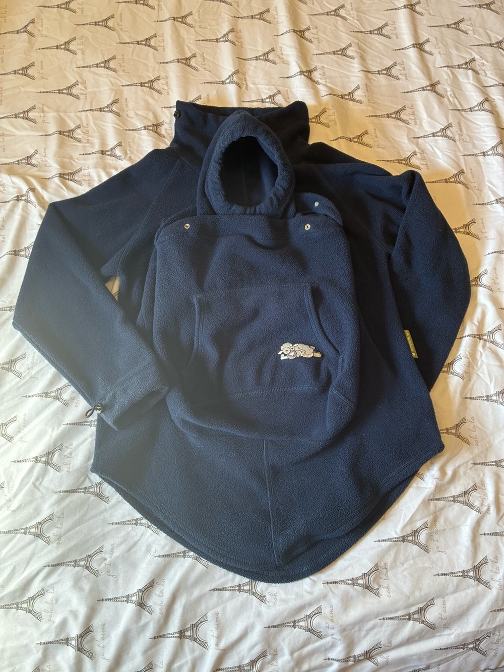 Size Small Lenny Lamb navy baby wearing fleece with matching baby fleece hood
